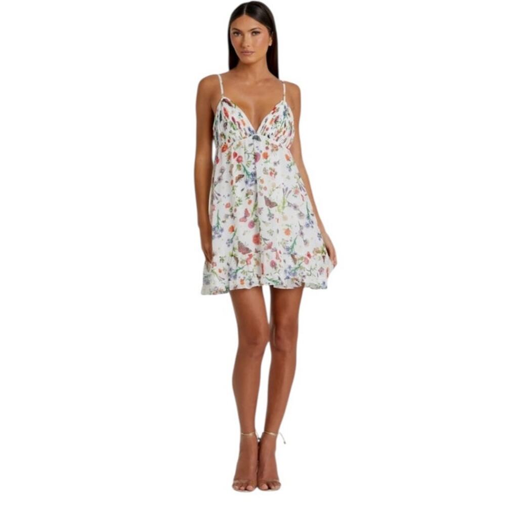 Mac Duggal Size 0 NEW 70197 White Multi Butterfly Print Ruffle Hem Mini Dress